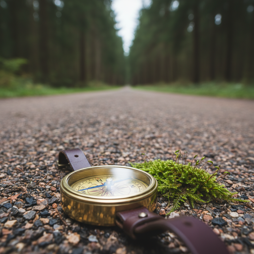 A close-up view of a smooth, unmarked path composed of fine gravel and compact earth, curving gently into a softly blurred forest clearing. On the near edge of the path lies an elegant compass made of brushed brass and dark leather, its needle steady and centered, resting beside a small sprig of green moss. Overhead, diffused overcast daylight creates a velvety, even illumination with almost no harsh shadows, emphasizing subtle textures. Shot from a low, slightly forward angle, the focus is on the compass and the first few meters of path, symbolizing clarity in direction and self-determined choices. Photographic realism with a natural, slightly muted color palette, conveying grounded orientation and inner guidance.
