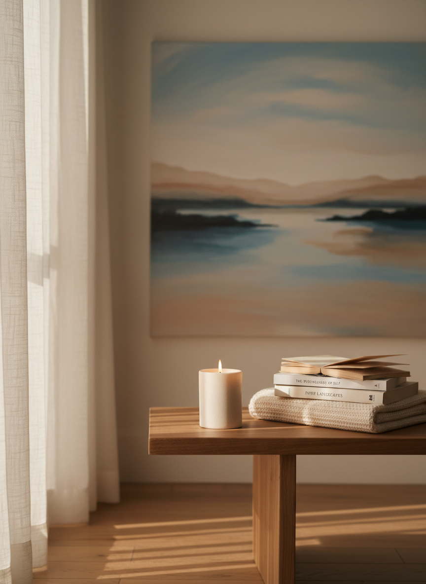A serene corner of a room with a low, natural-wood side table holding a single lit, unscented white candle in a matte ceramic holder, a folded cream-colored blanket, and a small stack of thoughtfully dog-eared books about psychology and the body. Behind the table, a large abstract painting in muted blues and earthy beiges suggests an inner landscape without clear forms. Gentle late-afternoon light spills through sheer curtains, diffused and warm, softening every edge. The scene is photographed at a slight angle, with the candle in sharp focus and the painting softly blurred, emphasizing depth. The mood is grounded, introspective, and quietly empowering, in a clean, sophisticated photographic style.