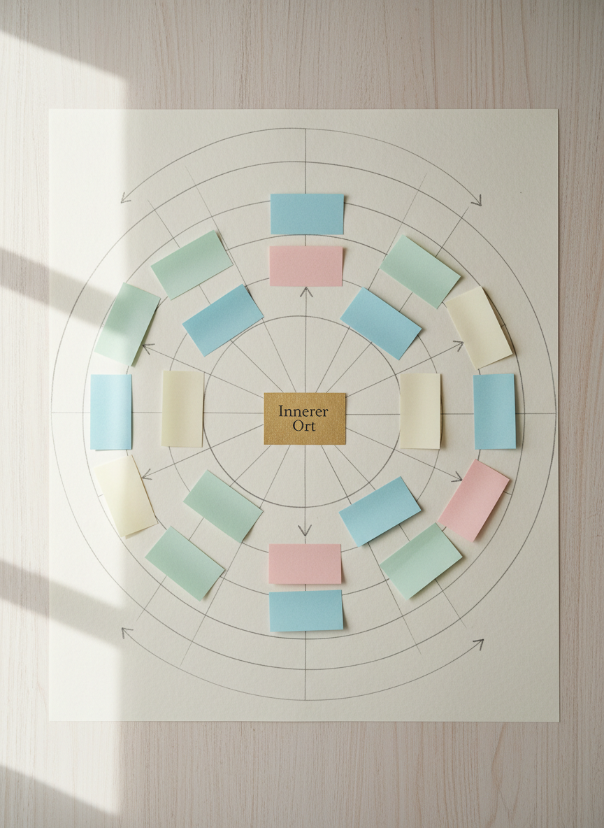 An overhead view of a neatly organized mind-map drawn on a large sheet of thick, off-white paper laid across a pale wooden table. Delicate hand-drawn circles and flowing lines in soft gray ink radiate from a central motif: a small, gold-foil embossed card reading “Innerer Ort” placed precisely in the center. Around it are color-coded sticky notes in muted pastels, each blank to suggest open possibilities. Natural daylight from the side window creates subtle gradients across the paper and crisp yet gentle shadows from the notes. The composition is balanced and clean, with photographic realism and a sophisticated, minimalist aesthetic, evoking structured clarity, resource-orientation, and scientifically grounded reflection without feeling clinical.