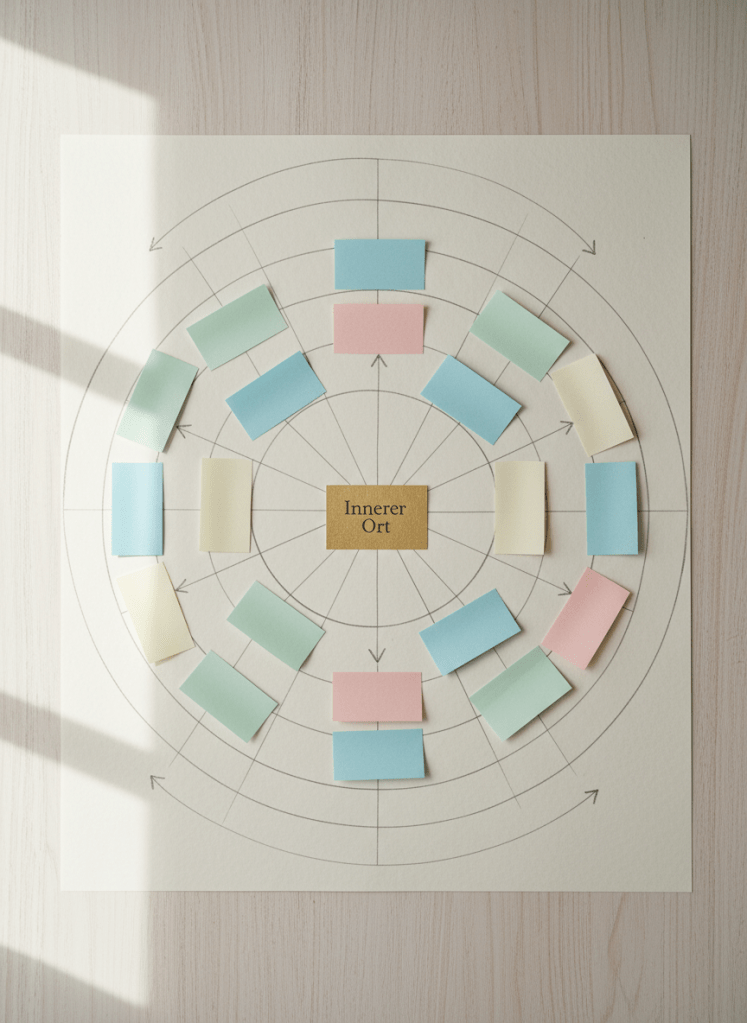 An overhead view of a neatly organized mind-map drawn on a large sheet of thick, off-white paper laid across a pale wooden table. Delicate hand-drawn circles and flowing lines in soft gray ink radiate from a central motif: a small, gold-foil embossed card reading “Innerer Ort” placed precisely in the center. Around it are color-coded sticky notes in muted pastels, each blank to suggest open possibilities. Natural daylight from the side window creates subtle gradients across the paper and crisp yet gentle shadows from the notes. The composition is balanced and clean, with photographic realism and a sophisticated, minimalist aesthetic, evoking structured clarity, resource-orientation, and scientifically grounded reflection without feeling clinical.